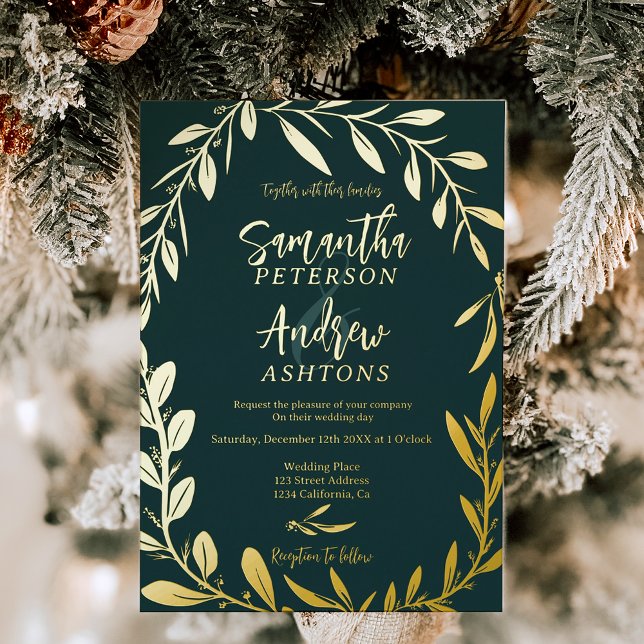 Invitation En Aluminium Elégante photo mariage vert d'hiver du pays des me (Elegant winter wonderland green wedding photo foil invitation)