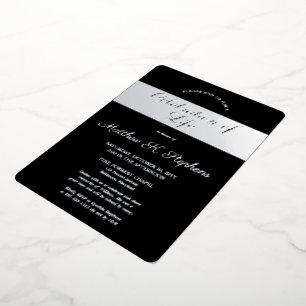 Invitation En Aluminium Élégante Photo Noir Célébration de la Vie Argent