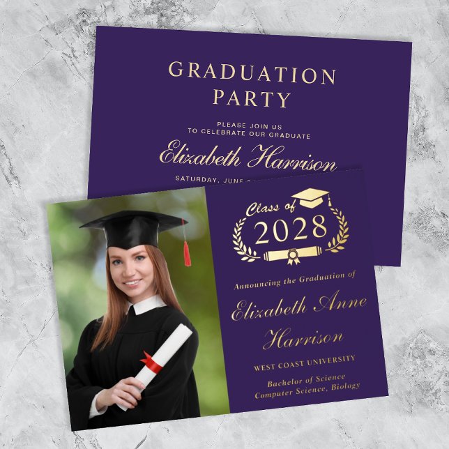 Invitation En Aluminium Élégante photo Purple College Graduation Party (An elegant graduation party foil invitation to celebrate the grad's achievements)