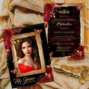 Invitation En Aluminium Élégante Photo Quinceanera Rose Rouge Or Anniversa