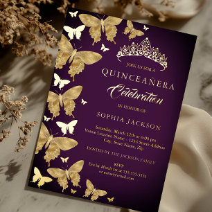 Invitation En Aluminium Élégante Plum violet or papillon Quinceanera