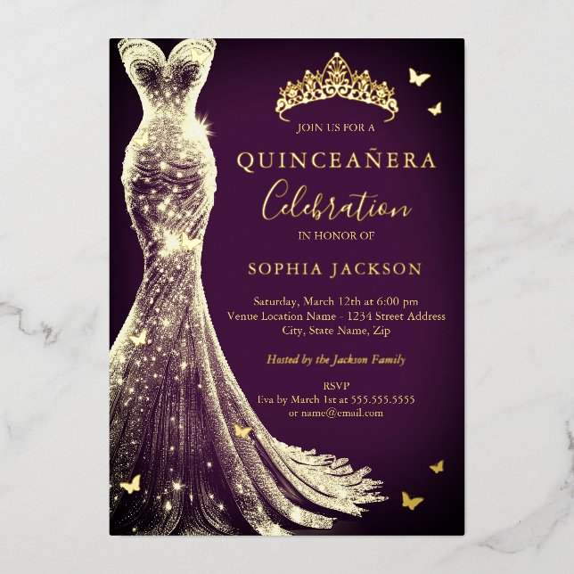 Invitation En Aluminium Élégante Plum violet or papillon Quinceanera (Recto)