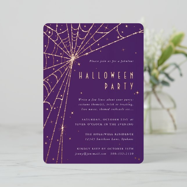 Invitation En Aluminium Elégante Purple Spider Web Halloween Party (Debout devant)