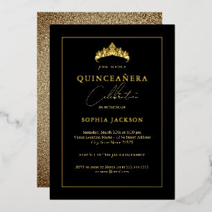 Invitation En Aluminium Elégante Quinceanera d'or noir 15e