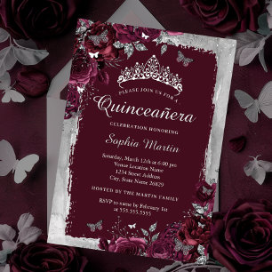Invitation En Aluminium Élégante Quinceanera, fleur bourgogne argentée