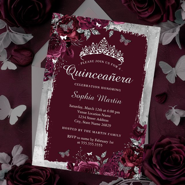 Invitation En Aluminium Élégante Quinceanera, fleur bourgogne argentée (Créateur téléchargé)