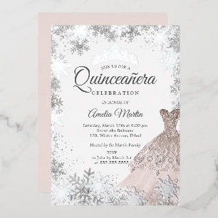 Invitation En Aluminium Élégante Quinceanera Flocon de Neige Rose Argenté