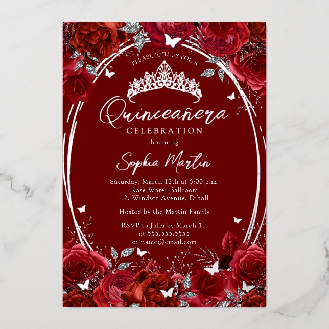 Invitation En Aluminium Elégante Quinceanera Florale Argent Rouge (Recto)