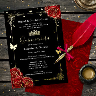Invitation En Aluminium Elégante Quinceanera Noire Rouge Rose Véritable Or