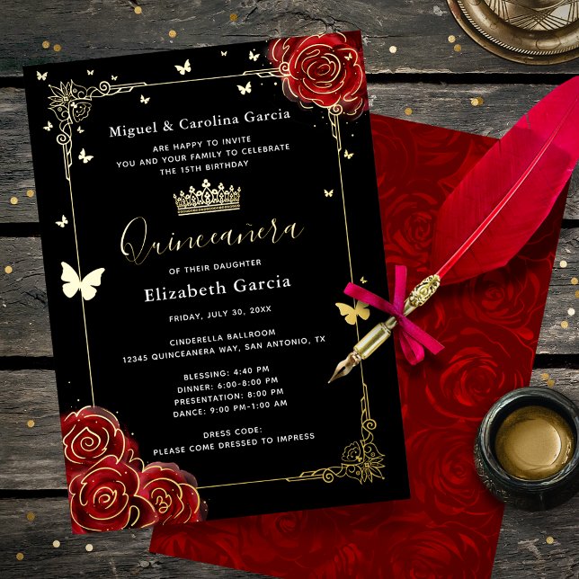 Invitation En Aluminium Elégante Quinceanera Noire Rouge Rose Véritable Or (Black, red and real metallic gold foil quinceanera invitations to make your big day sparkle!)