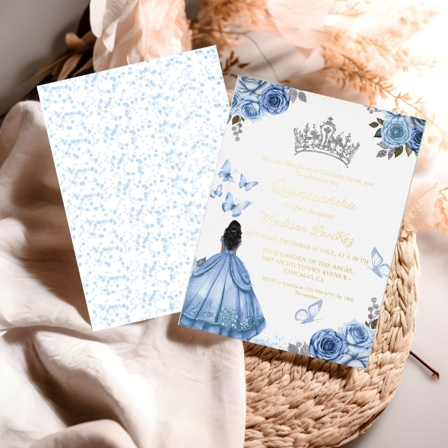 Invitation En Aluminium Elégante Quinceanera Papillon Floral bleu Dusty (Créateur téléchargé)