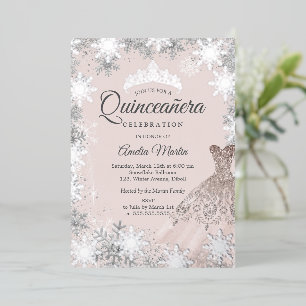 Invitation En Aluminium Élégante Quinceanera Rose Pâle Flocon de Neige d'H