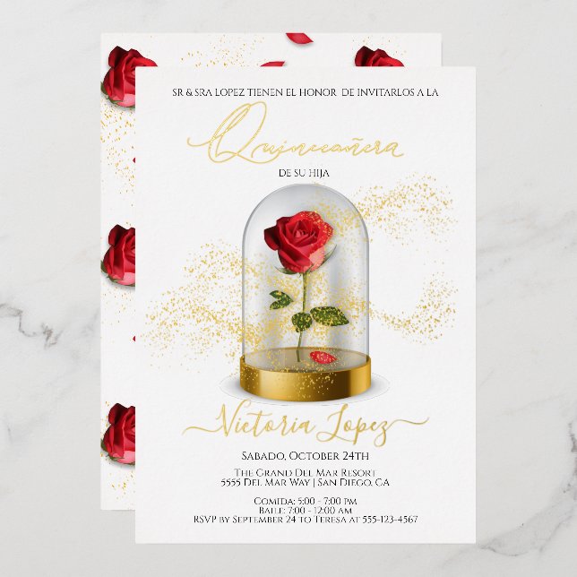 Invitation En Aluminium Elégante Quinceañera Rose rouge en espagnol (Recto/Verso)