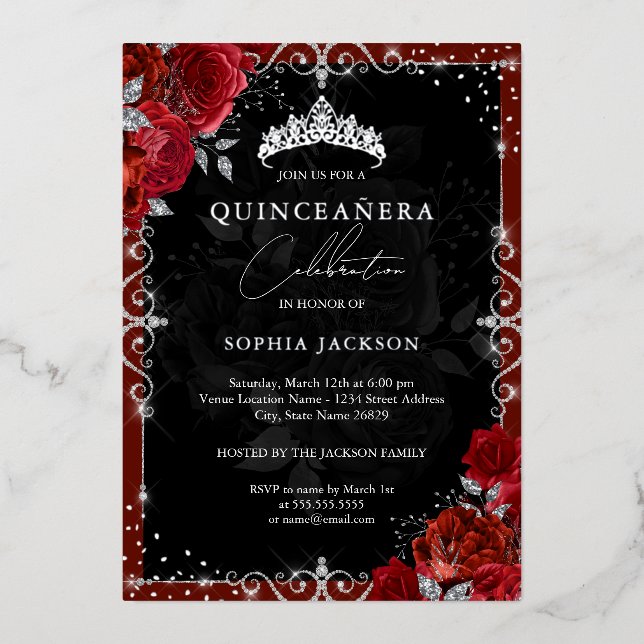 Invitation En Aluminium Élégante Quinceanera rouge argent (Recto)