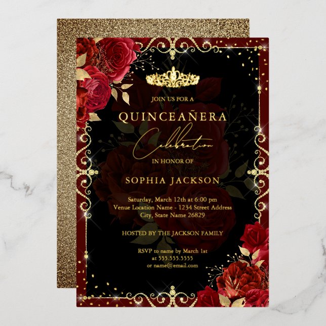 Invitation En Aluminium Elégante Quinceanera rouge or (Recto/Verso)