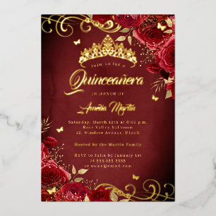 Invitation En Aluminium Élégante Quinceanera Royale Rouge Or Rose Tourbill