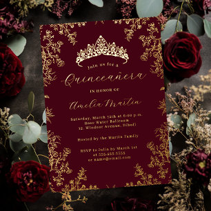 Invitation En Aluminium Elégante Quinceanera Vintage Florale Bourgogne Or
