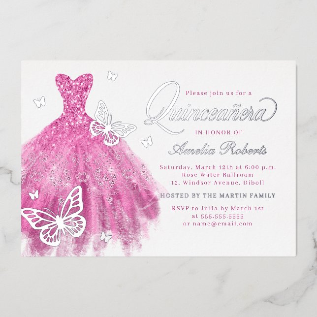 Invitation En Aluminium Elégante robe papillon rose argent Quinceanera (Recto)
