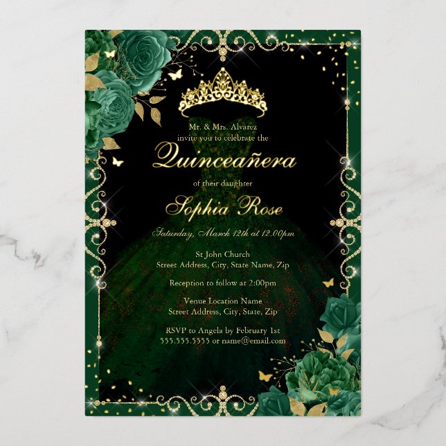 Invitation En Aluminium Élégante robe Rose Emerald Gold Quinceanera (Recto)