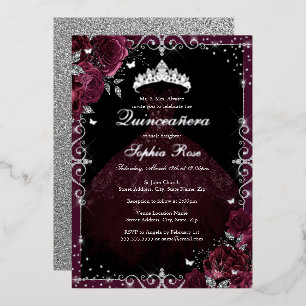Invitation En Aluminium Elégante robe Rose en argent bordeaux Quinceanera