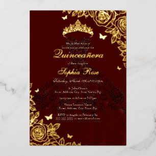Invitation En Aluminium Elégante robe Rose rouge Bourgogne or Quinceanera