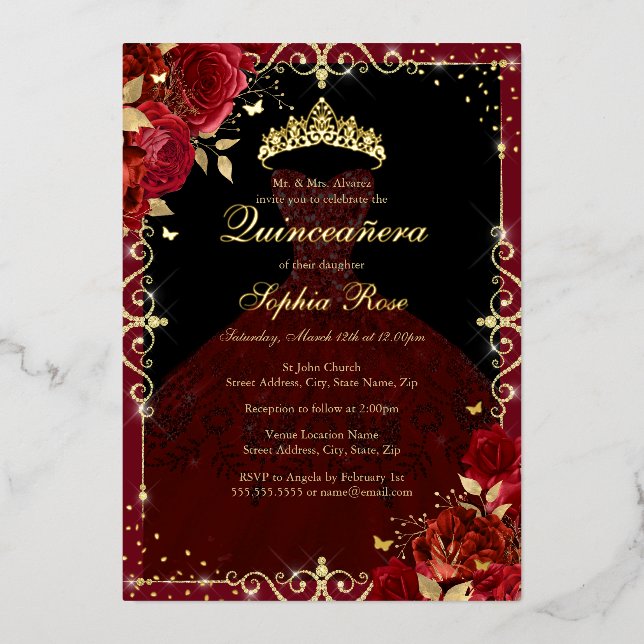 Invitation En Aluminium Élégante robe Rose Rouge Or Quinceanera (Recto)