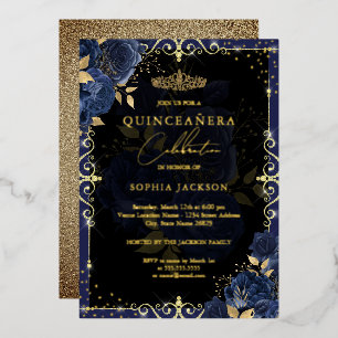 Invitation En Aluminium Élégante Rose Bleue et Or Quinceanera