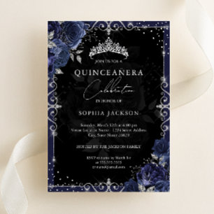 Invitation En Aluminium Elégante Rose Navy Quinceanera Argent