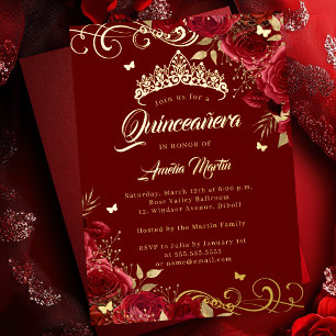 Invitation En Aluminium Elégante Rose Rouge Or Swirl Quinceanera