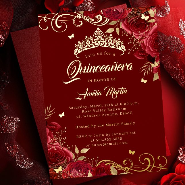 Invitation En Aluminium Elégante Rose Rouge Or Swirl Quinceanera (Créateur téléchargé)