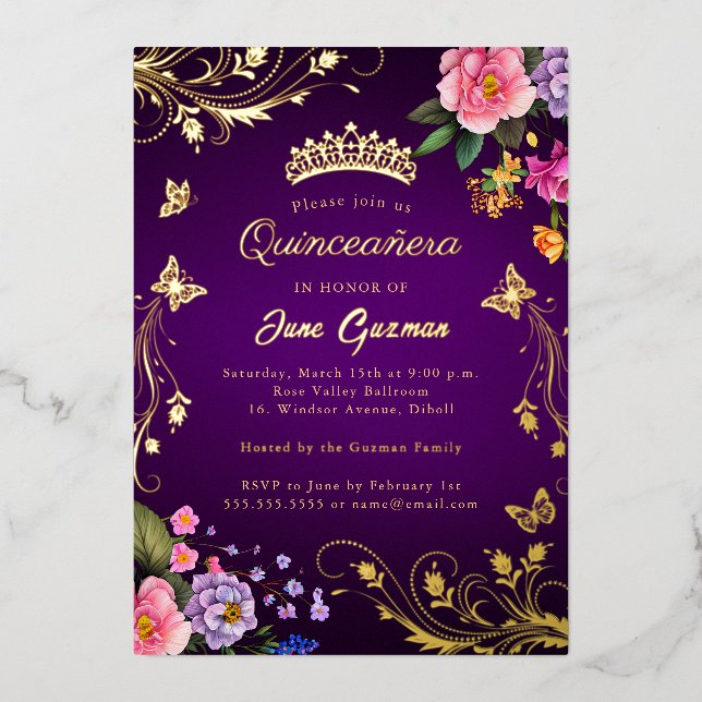 Invitation En Aluminium Élégante Rose Violette Tourbillon Or Quinceañera (Recto)