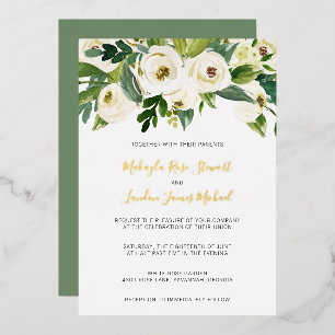 Invitation En Aluminium Elégante Roses Blanches Verdure Floral Mariage Or
