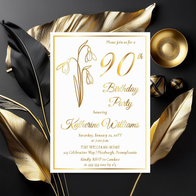 Invitation En Aluminium Élégante Snowdrops 90e fête d'anniversaire étampé (Elegant January Birth Month Snowdrops Floral "90th Birthday Party" Stamped Gold Foil Invitations)