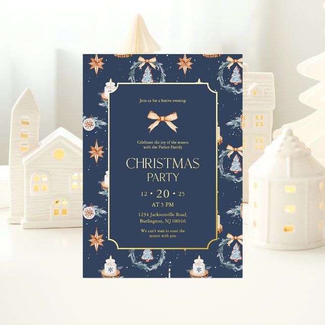 Invitation En Aluminium Élégante soirée de Noël Navy & Or  (Créateur téléchargé)