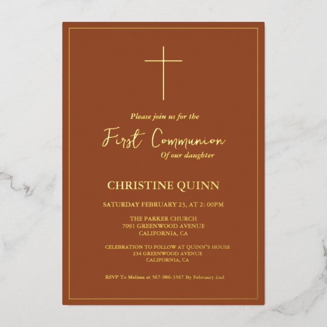 Invitation En Aluminium Élégante Terracotta et l'or Première sainte commun (Recto)