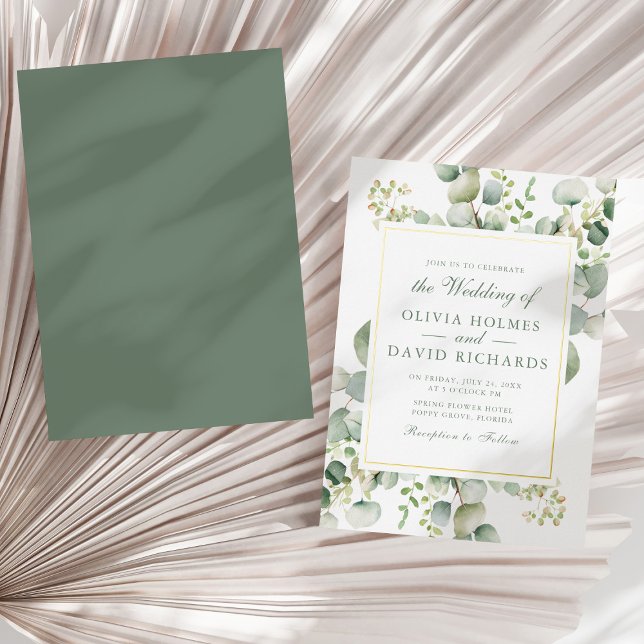 Invitation En Aluminium Elégante verdure Eucalyptus Botanique Mariage Or (Elegant Greenery Eucalyptus Botanical Wedding Gold Foil Invitation on a sunny neutral dry palm leaf)