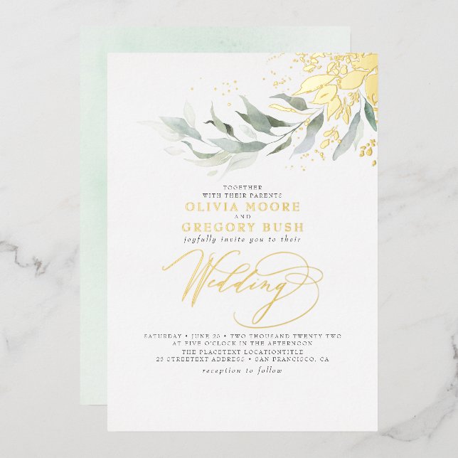 Invitation En Aluminium Élégante verdure Véritable Mariage de Boho en or (Recto/Verso)