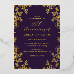 Invitation En Aluminium Élégante Vintage Gold Purple 50ème Anniversaire Pa