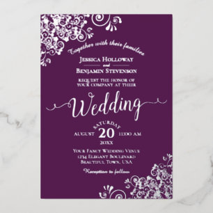 Invitation En Aluminium Elégantes boucles d'argent sur Plum violet Mariage