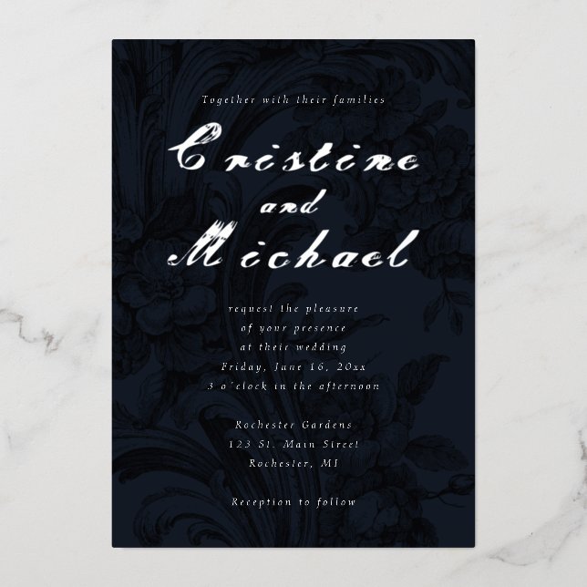 Invitation En Aluminium Élégantes fleurs ornementales argent feuille maria (Recto)