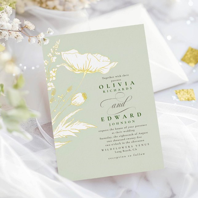 Invitation En Aluminium Élégantes Fleurs Sauvages Dessinées à la Main pour (Gold Foil Wildflowers Sage Wedding Invitations)