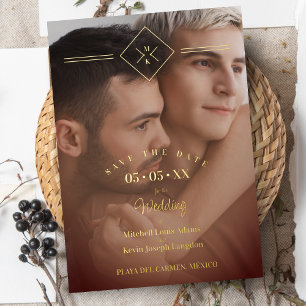 Invitation En Aluminium Élégantes Initiales Mariage Tout en Brun Doré Phot