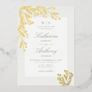 Invitation En Aluminium Élégantes Monogrammes de Gui Doré Hiver Mariage