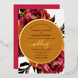 Invitation En Aluminium Élégantes Pivoines Florales Mariage Magenta et Or