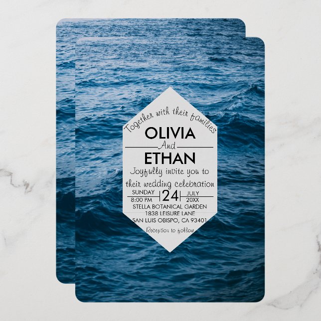 Invitation En Aluminium Élégantes vagues de mer bleues marine pour un mari (Recto/Verso)