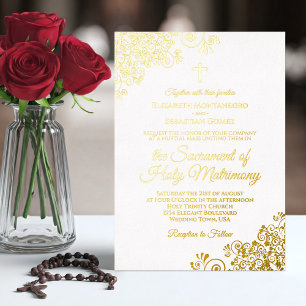 Invitation En Aluminium Elégants boucles d'or sur Mariage catholique blanc