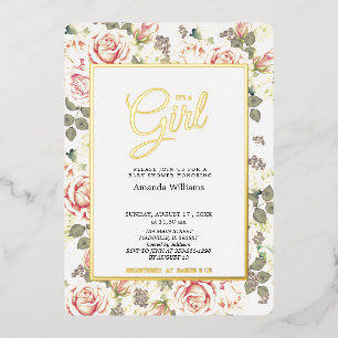 Invitation En Aluminium Élégants Roses Vintages, Baby shower Gold