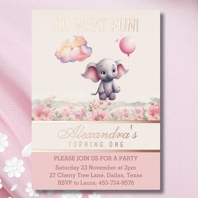 Invitation En Aluminium Élémentaire 1er Anniversaire Fleur Rose Bébé Fille (Créateur téléchargé)