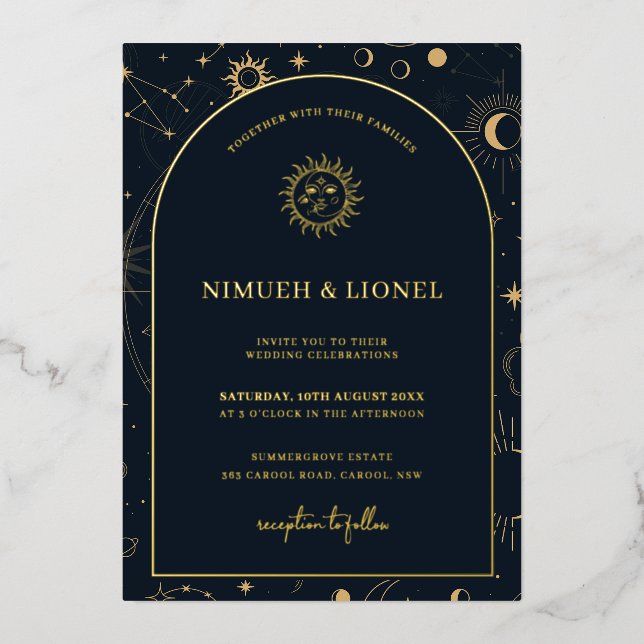 Invitation En Aluminium Éléments Mystiques Célestes Foil de Mariage Signe  (Recto)
