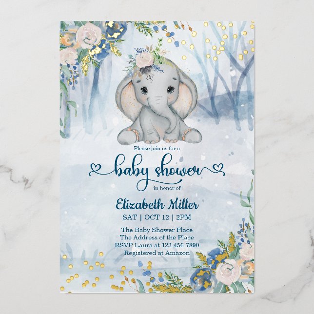 Invitation En Aluminium Eléphant Dans Le Baby shower De Forêt D'Hiver (Recto)